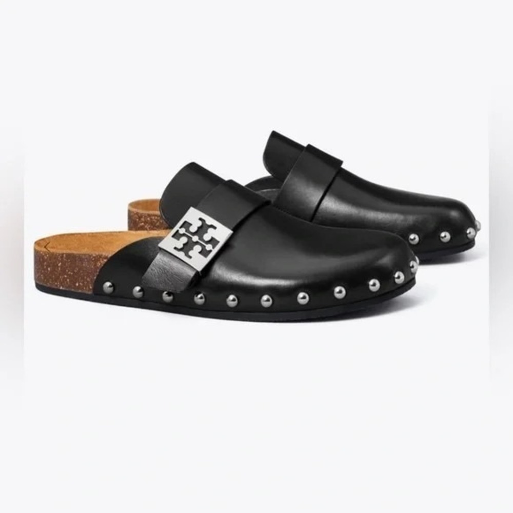 Tory Burch Mellow Mule Women's 8 Perfect Black Studded Vachetta Leather‎ NEW